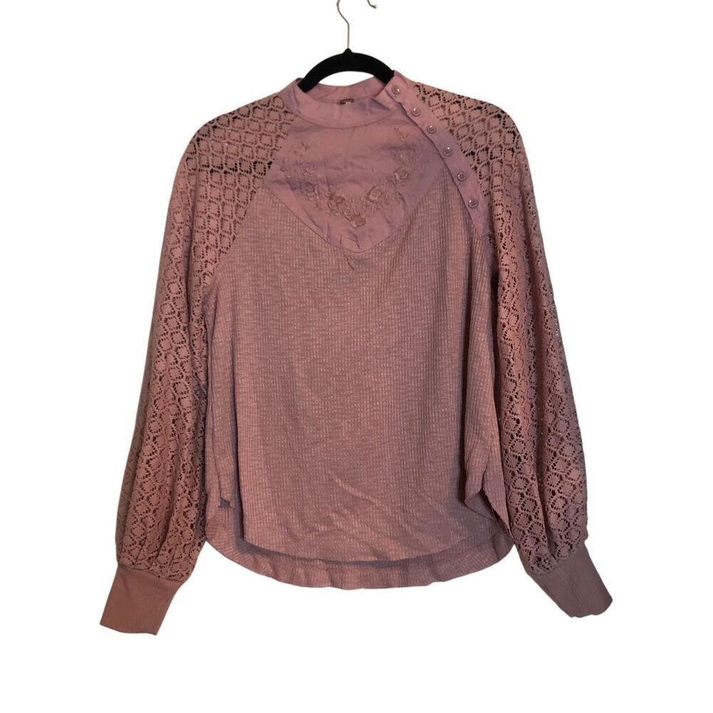 NWT Free People Crochet Balloon Sleeves Waffle Knot Top XS  Mixed-media Boho emb